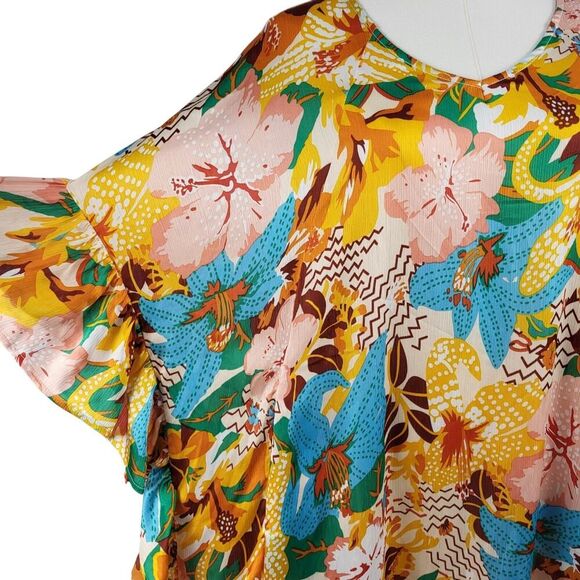 NEW Easel Small - Large Multi-Color Kaftan Style Maxi Dress Ruffle Sides Pockets - Picture 11 of 16